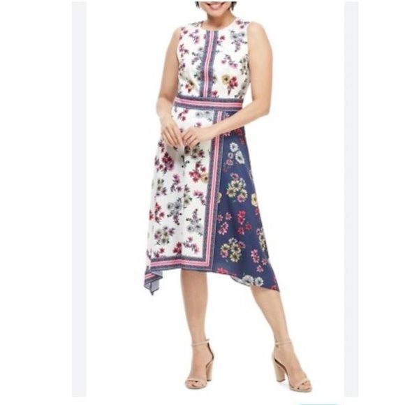 Maggy London Floral Print Sleeveless Scarf Hem Asymmetrical Fit Flare Dress US 2 - Picture 1 of 10